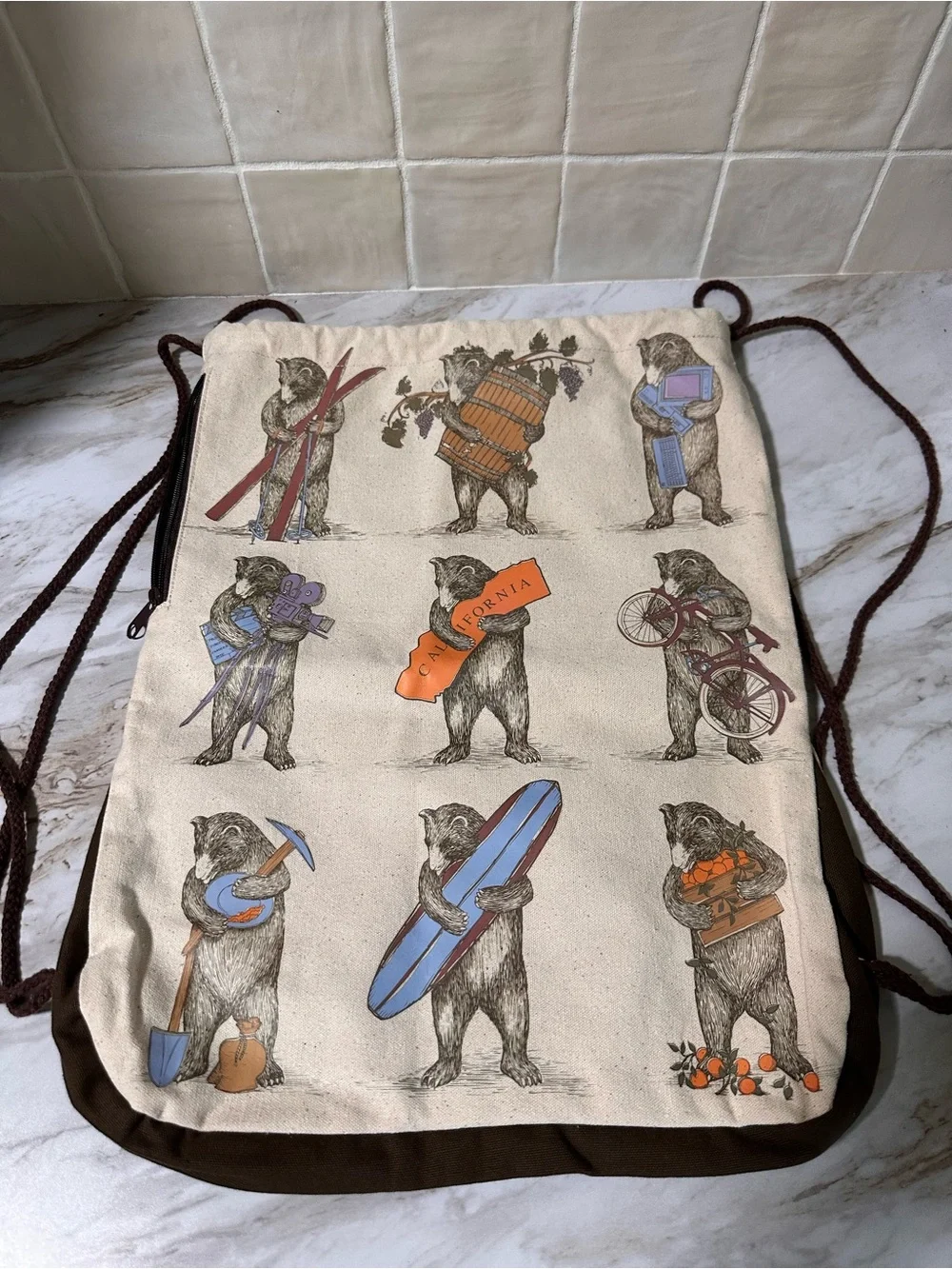 Nine Bear Drawstring Backpack SF Mercantile California Bear Print.